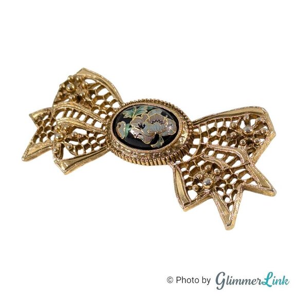 VTG 1928 Company Victorian Style Filigree Bow Floral Cabochon Gold Tone Brooch - Picture 5 of 8
